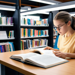**A student using nootropics while studying in a brightly lit, modern library. Focus on the intensity of concentration and subtle futuristic UI elements overlayed, reflecting cognitive enhancement.**