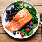**

Prompt: A vibrant, healthy meal showcasing brain-boosting foods like berries, leafy greens, salmon, nuts, and seeds on a wooden table, top-down view, bright and airy lighting.

**