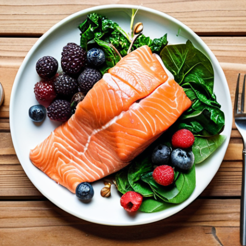 **

Prompt: A vibrant, healthy meal showcasing brain-boosting foods like berries, leafy greens, salmon, nuts, and seeds on a wooden table, top-down view, bright and airy lighting.

**