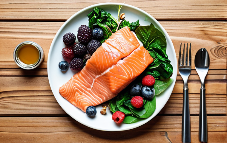 **
Prompt: A vibrant, healthy meal showcasing brain-boosting foods like berries, leafy greens, salmon, nuts, and seeds on a wooden table, top-down view, bright and airy lighting.
**