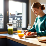 "Breakfast Brain Boost"**

A bright, modern kitchen in Amsterdam. A woman, fully clothed in comfortable, stylish casual wear (jeans and a sweater), is preparing a healthy breakfast. On the counter, there's a bowl of blueberries, a plate with salmon on whole-grain bread, a glass of orange juice, and a cup of green tea. Sunlight streams through the window. Focus on the vibrant colors of the food and the cozy atmosphere. safe for work, appropriate content, fully clothed, family-friendly, perfect anatomy, correct proportions, natural pose, professional food photography, high quality, well-formed hands, proper finger count, natural body proportions.

**