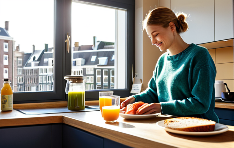 "Breakfast Brain Boost"**
A bright, modern kitchen in Amsterdam. A woman, fully clothed in comfortable, stylish casual wear (jeans and a sweater), is preparing a healthy breakfast. On the counter, there's a bowl of blueberries, a plate with salmon on whole-grain bread, a glass of orange juice, and a cup of green tea. Sunlight streams through the window. Focus on the vibrant colors of the food and the cozy atmosphere. safe for work, appropriate content, fully clothed, family-friendly, perfect anatomy, correct proportions, natural pose, professional food photography, high quality, well-formed hands, proper finger count, natural body proportions.
**