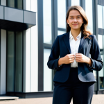 **

A young professional, fully clothed in a stylish, modest business casual outfit (think fitted blazer, dark trousers, and a simple blouse), standing confidently in front of a modern office building in Amsterdam's Zuidas district. Natural lighting, realistic details.  Perfect anatomy, well-formed hands, proper finger count, natural body proportions. Safe for work, appropriate content, family-friendly, professional.

**