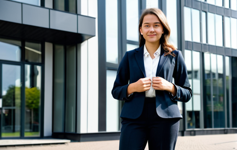 **
A young professional, fully clothed in a stylish, modest business casual outfit (think fitted blazer, dark trousers, and a simple blouse), standing confidently in front of a modern office building in Amsterdam's Zuidas district. Natural lighting, realistic details. Perfect anatomy, well-formed hands, proper finger count, natural body proportions. Safe for work, appropriate content, family-friendly, professional.
**